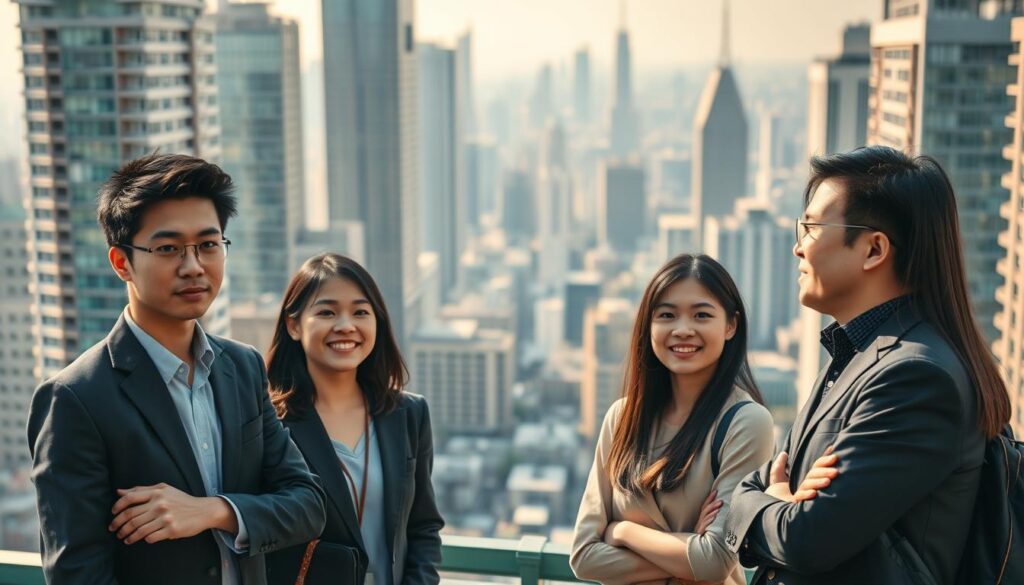 A vibrant cityscape with high-rise buildings, bustling with activity and energy. In the foreground, a group of young, professional-looking Japanese individuals stand gathered, engaged in a lively discussion about facility management trends. They are smartly dressed, their expressions conveying a sense of focused analysis and forward-thinking. The lighting is warm and natural, casting subtle shadows that add depth and dimension to the scene. The background showcases a panoramic view of the city skyline, hinting at the scale and scope of the facility management industry. The overall atmosphere is one of innovation, progress, and a deep understanding of the evolving needs of modern facilities and the people who manage them.
