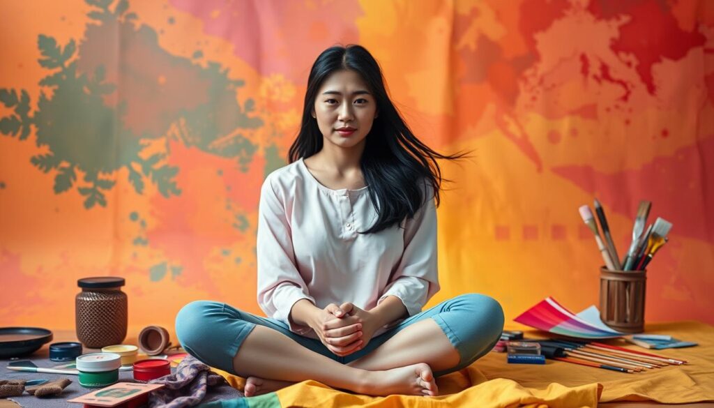 A vibrant color palette fills the frame, reflecting the multifaceted nature of the color therapist's role. In the foreground, a young Japanese woman with a serene expression and flowing black hair sits cross-legged, surrounded by a kaleidoscope of vivid hues. Soft, diffused lighting illuminates her face, conveying a sense of introspection and inner calm. In the middle ground, various color therapy tools and materials, such as paints, brushes, and color swatches, are artfully arranged, hinting at the depth of knowledge and skill required for this profession. The background features a warm, abstract gradient that evokes a sense of harmony and balance, symbolizing the therapist's ability to guide clients towards emotional and psychological well-being through the power of color.