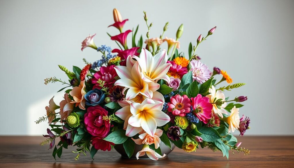A vibrant, contemporary floral arrangement showcasing the latest trends in flower design. The centerpiece features a striking combination of delicate, pastel-hued blooms cascading gracefully amidst lush greenery. Surrounding the focal point, a mix of bold, jewel-toned flowers and unique botanical elements add depth and visual interest. The arrangement is set against a softly blurred, minimalist backdrop, allowing the flowers to take center stage. Subtle, natural lighting casts a warm, ethereal glow, highlighting the intricate textures and vibrant colors of the floral elements. The overall composition conveys a sense of elegance, modernity, and a fresh, forward-looking aesthetic that reflects the evolving landscape of the floral design industry.