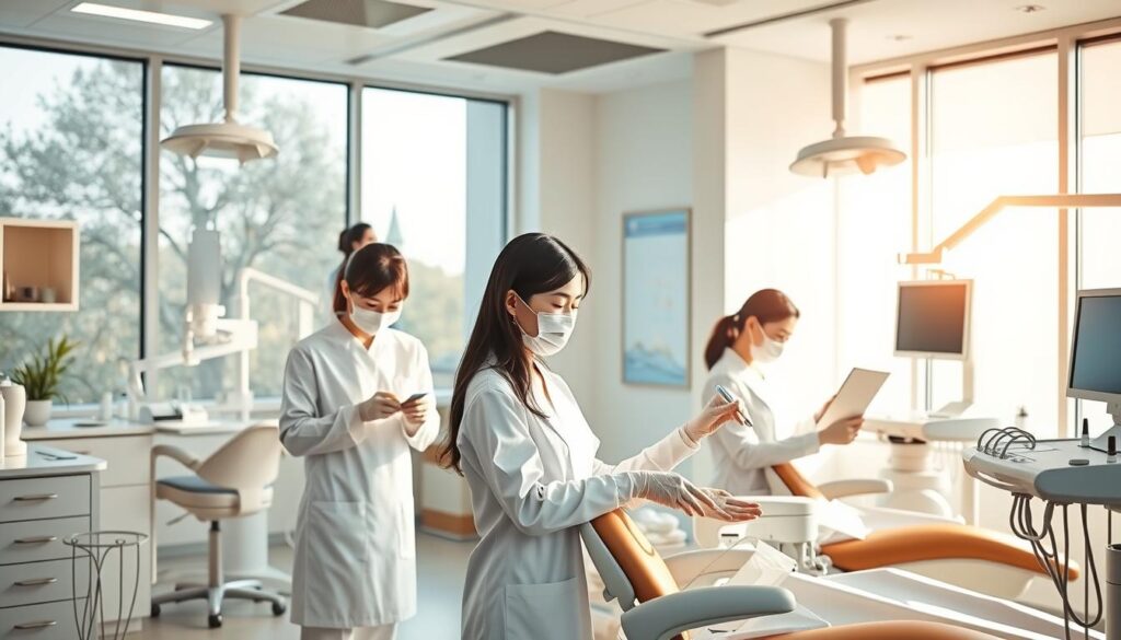 A vibrant dental clinic with a modern, welcoming atmosphere. The clinic is well-lit with natural sunlight streaming through large windows, creating a bright and airy environment. In the foreground, a team of young, Japanese-looking dental hygienists dressed in pristine white uniforms engage in their tasks, meticulously cleaning patients' teeth and providing gentle, attentive care. The middle ground showcases the clinic's state-of-the-art equipment and technology, including dental chairs and advanced diagnostic tools. In the background, the clinic's interior design features minimalist, clean lines and a soothing color palette, creating a calming and professional ambiance. The overall scene conveys a sense of diligence, professionalism, and a commitment to patient well-being.