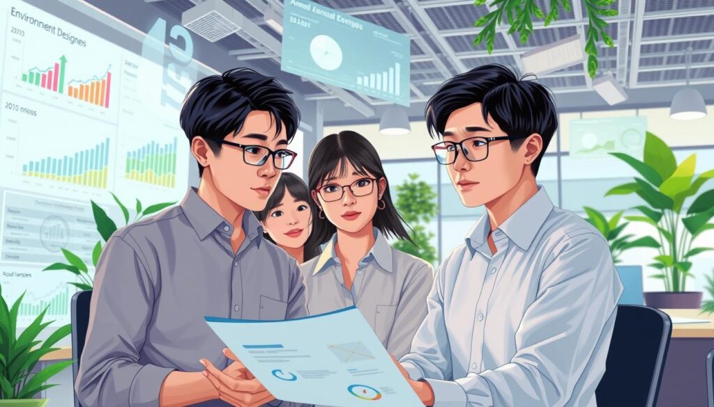 A vibrant digital illustration depicting the annual earnings of environmental designers. A group of young, Japanese-looking professionals in a modern office setting, meticulously examining financial data and charts projected on the walls. Soft lighting casts a contemplative atmosphere, while the attention to detail in their expressions and body language conveys the gravity of their analytical work. The foreground features the central figures surrounded by floating infographics and statistics, while the background showcases an open-concept workspace filled with greenery and natural elements, reflecting the environmental focus of their field. An insightful visualization of the factors influencing the earning potential of this specialized design discipline.