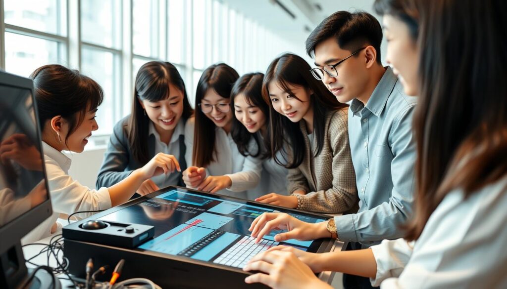 A vibrant digital workspace with a young, Japanese-inspired team immersed in creative direction. The foreground features a diverse group of professionals collaborating on a large touchscreen display, their faces focused and expressions animated. In the middle ground, sleek hardware and software tools are arranged neatly, reflecting the cutting-edge digital skills required. The background showcases a minimalist, well-lit office environment with floor-to-ceiling windows, hinting at the blend of technology and artistry integral to the creative director's role.