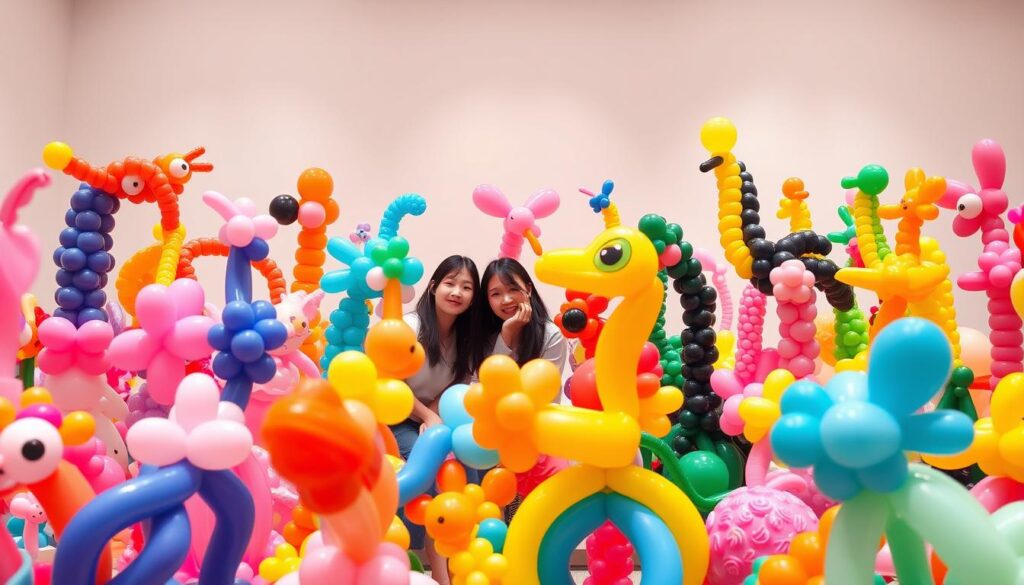 A vibrant display of diverse balloon art creations, showcasing the skill and creativity of talented balloon artists. In the foreground, intricate balloon sculptures in a variety of shapes, colors, and sizes, capturing the whimsical and playful nature of this art form. In the middle ground, a group of young, Japanese-looking models posing naturally with the balloon sculptures, their expressions conveying a sense of wonder and delight. The background features a clean, minimalist setting, allowing the balloon art to take center stage. Soft, diffused lighting casts a warm, inviting glow, highlighting the delicate textures and forms of the balloons. The overall scene exudes a sense of joy, imagination, and the boundless possibilities of balloon art.