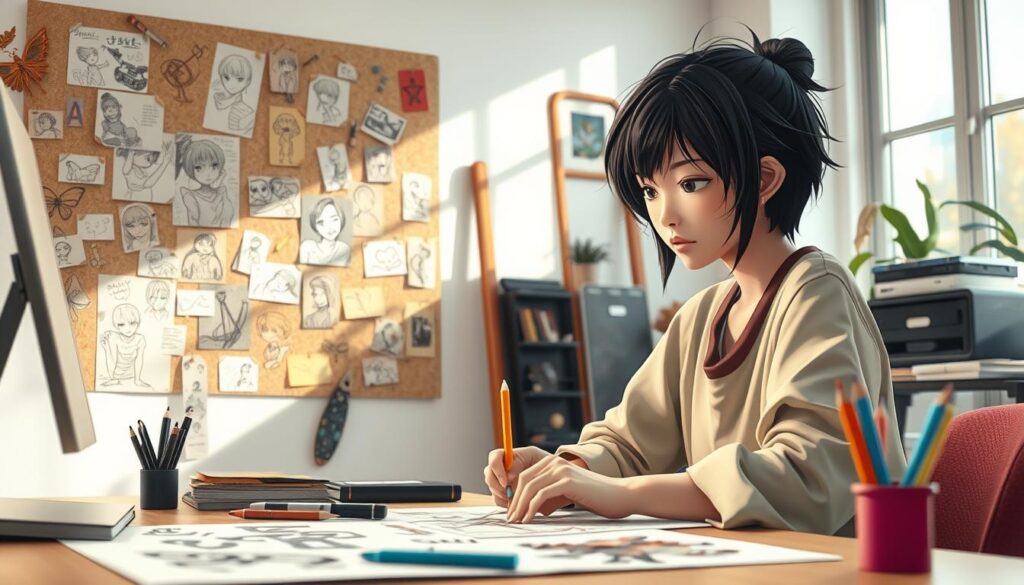 A vibrant, dynamic scene depicting the creative process of character design. In the foreground, a young, Japanese-inspired artist with striking black hair sits at a desk, utterly immersed in their work, pencil in hand as they bring a captivating character to life. The middle ground showcases a diverse array of sketches, doodles, and concept art pinned to a corkboard, hinting at the depth of their creative skills. The background features a softly lit, minimalist studio space, with natural light streaming in through large windows, evoking a sense of tranquility and focus. The overall mood is one of intense artistic passion, technical prowess, and a keen eye for design.