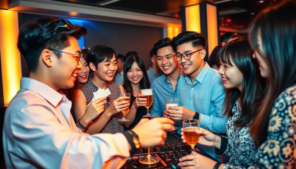 A vibrant, energetic gathering of young, stylish Japanese DJ's networking and building industry connections. The scene is filled with a palpable sense of excitement and camaraderie, as they exchange business cards, discuss the latest trends, and forge valuable relationships over drinks and lively conversation. Soft, warm lighting casts a lively glow, while the background features a sleek, modern club or event space, hinting at the professional world they inhabit. The models' expressions convey a mix of focus, enthusiasm, and the thrill of expanding their industry influence through strategic social engagement.