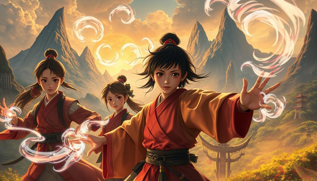 A vibrant fantasy realm unfolds, a tapestry of boundless imagination. In the foreground, three young Japanese-inspired figures, their expressions focused and determined, wield magical energies, conjuring ethereal forms that dance and intertwine. The middle ground reveals a lush, fantastical landscape, where towering mountains pierce the sky and mystical structures rise from the earth, hinting at a rich, immersive world. The background is suffused with a warm, golden glow, creating a sense of wonder and limitless possibilities. Detailed lighting and a cinematic camera angle heighten the sense of drama and awe, capturing the essence of the fantasy writer's craft - the ability to craft captivating realms and empower characters with the magic of creation.