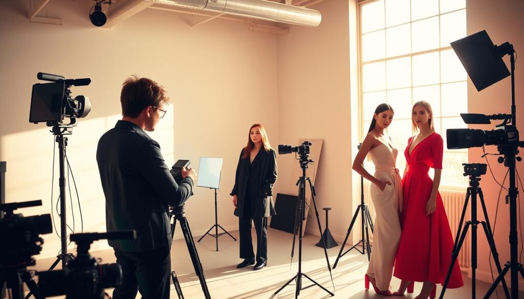 A vibrant fashion photography studio, bathed in warm, diffused natural light filtering through large windows. Three young, Japanese-looking models pose gracefully, showcasing the latest haute couture trends. The lead photographer, dressed in a sleek, minimalist outfit, directs the shoot with a keen eye and steady hand, capturing the essence of each model's individual style. An array of professional cameras, lenses, and lighting equipment are arranged neatly, reflecting the technical mastery required for this career path. The background features a minimalist, yet stylish setting, allowing the models and their clothing to take center stage. The overall atmosphere conveys a sense of creative passion, precision, and the thrill of bringing high fashion to life through the lens.