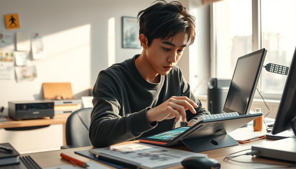 A vibrant, high-resolution photograph of a young, Japanese-looking freelance game designer working intently at their desk. The designer is deeply focused, with a determined expression, surrounded by a minimalist workspace filled with sleek electronics, sketchpads, and inspirational notes. Soft, natural lighting filters in through a large window, creating a serene, contemplative atmosphere. The designer's hands move gracefully across a tablet, designing characters and environments for their latest game project. The image conveys the creative passion and independent spirit of a freelance game designer pursuing their craft.