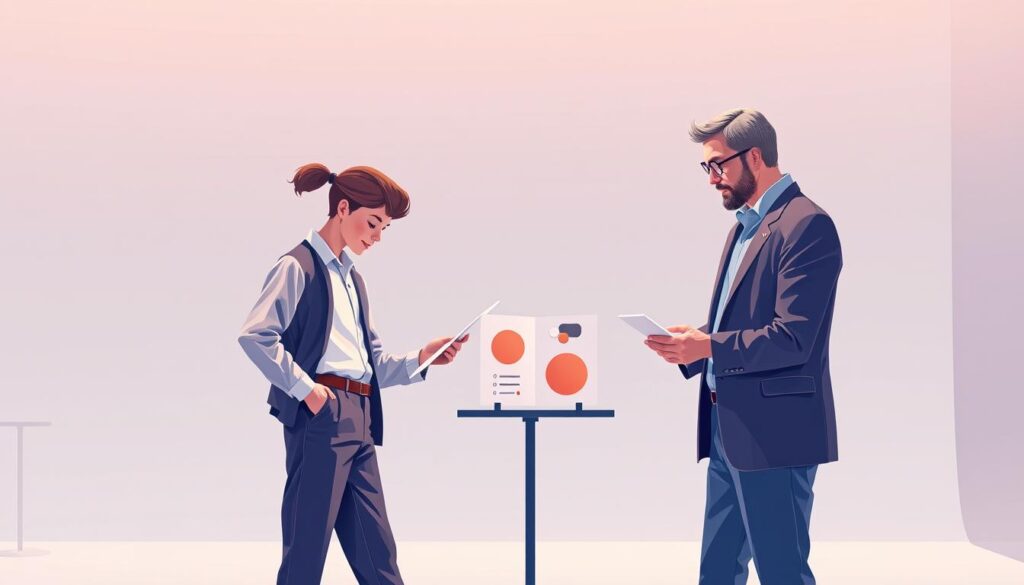 A vibrant illustration showcasing the distinct roles and collaboration between a designer and a creative director. Set against a sleek, minimalist backdrop, the scene depicts two individuals - one with a keen eye for aesthetics, the other overseeing the creative vision. The designer, dressed in a crisp, modern outfit, meticulously examines a design prototype, while the creative director, with an air of authority, provides guidance and feedback, their body language conveying the nuanced interplay between the two disciplines. Soft, directional lighting illuminates the scene, accentuating the focus on the individuals and their interaction. The overall mood is one of professionalism, creativity, and the synergy that emerges when these complementary roles work in harmony.