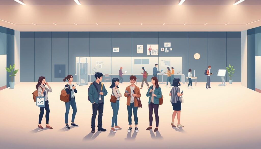 A vibrant illustration showcasing the diverse career paths of facilitators. In the foreground, a group of young Japanese-looking individuals stand at a crossroads, each carrying a unique set of tools and resources. The middle ground depicts them engaged in various facilitation activities, guiding teams, leading workshops, and facilitating discussions. The background features a sleek, modern office setting, hinting at the versatility of the facilitator role. Soft, diffused lighting creates a warm, professional atmosphere, while a subtle color palette of blues, grays, and neutrals reinforces the intellectual, collaborative nature of the work. The scene conveys the dynamic, multifaceted nature of a facilitator's career, empowering the viewer to envision their own path within this rewarding field.