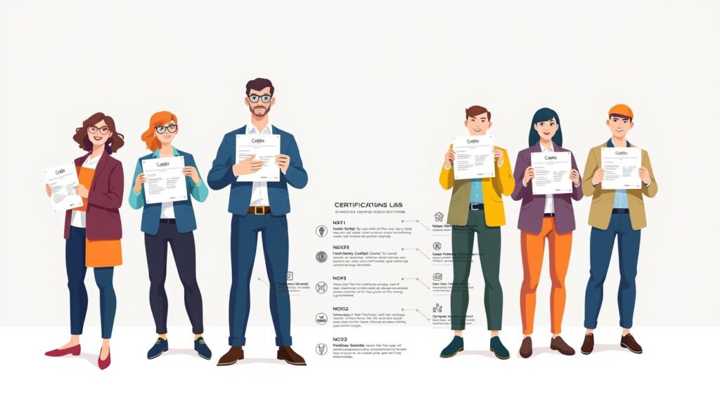 A vibrant illustration showcasing the diverse certifications and qualifications expected of modern engineers. In the foreground, a group of young, professional-looking individuals, their faces displaying a mix of determination and pride, stand against a clean, minimalist backdrop. Each person holds up a certificate or document, highlighting the various accreditations and industry-recognized credentials they have earned. The middle ground features a sleek, well-designed infographic detailing the key certifications and their significance, rendered in a sophisticated color palette. In the background, a subtle grid pattern or geometric shapes subtly reinforce the technical and structured nature of the engineering field. Warm, diffused lighting creates a sense of professionalism and authority, while the overall composition conveys the importance of continuous learning and industry recognition for today's engineers.