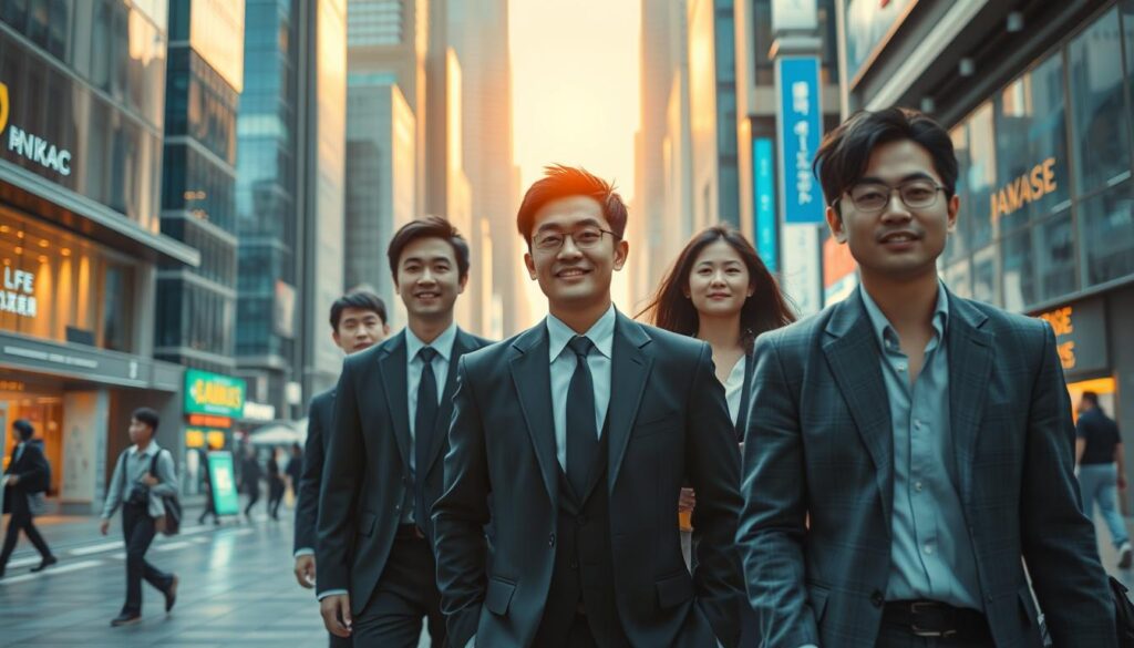 A vibrant, meticulously detailed image showcasing the success of a technocrat. In the foreground, a group of young, accomplished Japanese professionals stroll confidently through a bustling, high-tech urban landscape. Midground features sleek, futuristic architecture and thriving businesses, creating an atmosphere of innovation and prosperity. The background is illuminated by warm, golden lighting, evoking a sense of opportunity and achievement. Crisp, cinematic angles and a realistic photographic style capture the dynamic energy and polished sophistication of these thriving technocrats.