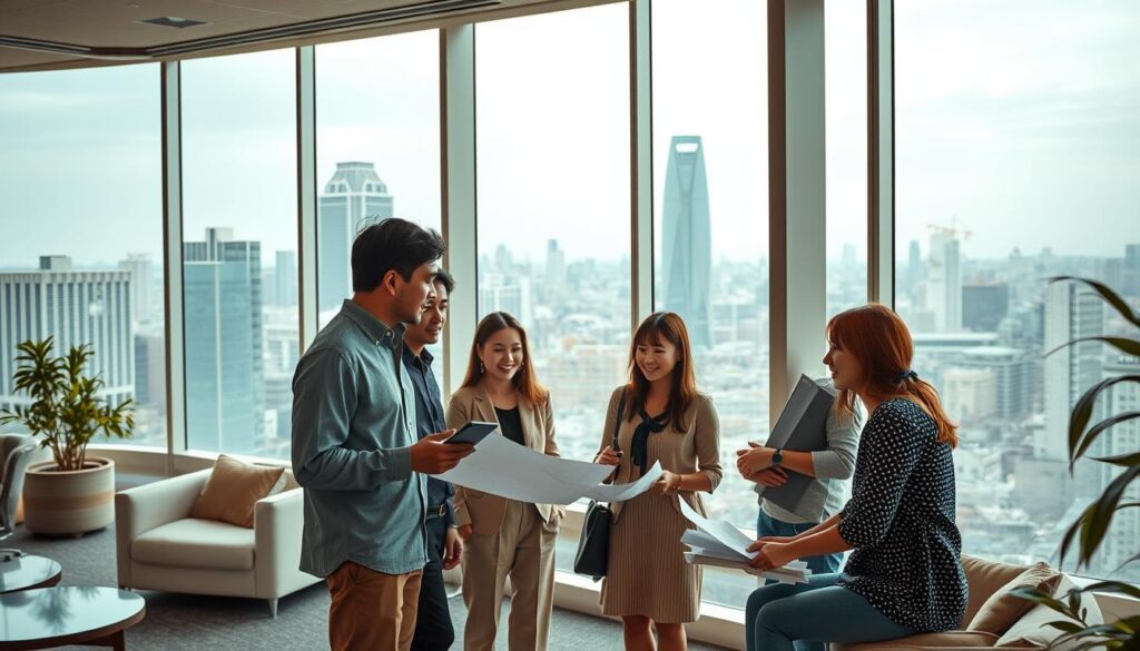 A vibrant, modern office interior with floor-to-ceiling windows overlooking a bustling city skyline. The space is filled with young, dynamic Japanese designers collaborating on innovative spatial solutions. Soft, natural lighting filters through the glass, illuminating sleek furniture and cutting-edge digital tools. In the foreground, a team of passionate professionals discuss plans for an ambitious new project, their faces animated with excitement for the future potential of the spatial design industry. The atmosphere conveys a sense of possibility, creativity, and the collective drive to push the boundaries of what's possible in interior, architectural, and urban design.