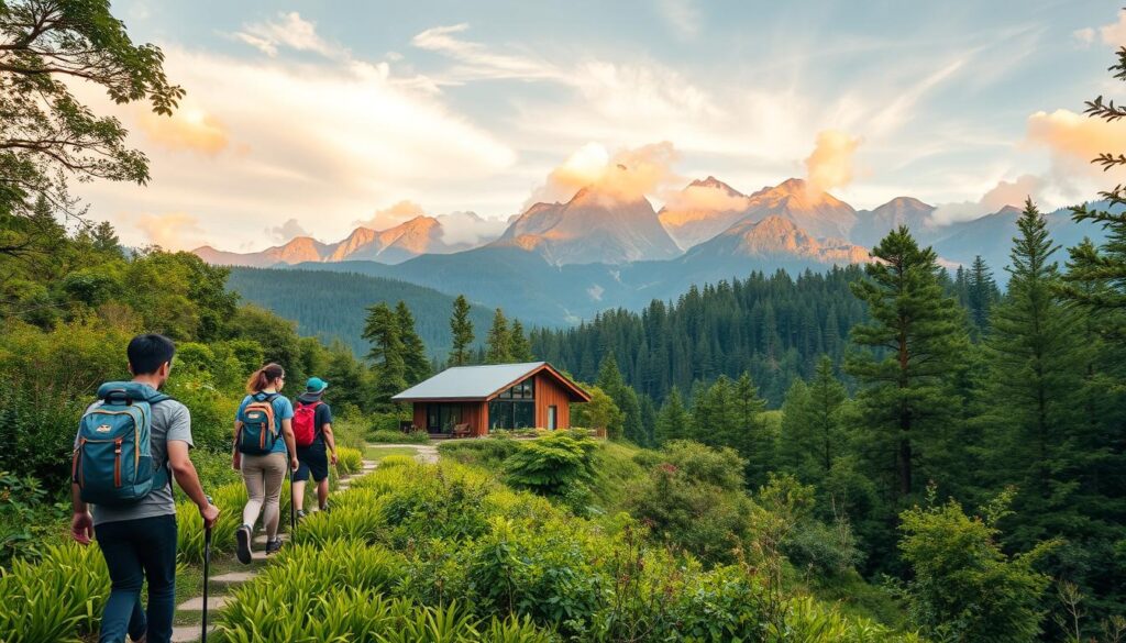 A vibrant natural landscape with a group of young Japanese-looking people exploring sustainable tourism practices. The foreground features hikers traversing a lush, verdant trail, equipped with backpacks and hiking gear. In the middle ground, a small eco-lodge blends seamlessly into the surrounding forest, its modern yet rustic architecture reflecting the local vernacular. The background showcases a majestic mountain range, its peaks bathed in warm, golden sunlight that filters through wispy clouds. The overall scene conveys a sense of harmony between human activity and the natural environment, highlighting the principles of sustainable tourism development.