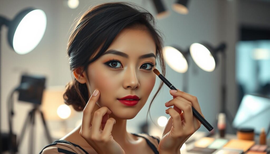 A vibrant portrait showcasing the success of a talented Japanese makeup artist. In the foreground, a young, elegant woman with striking dark features applies skillful cosmetic touches, her face a canvas of artistry. The middle ground reveals a sleek, modern studio setting, filled with professional lighting and tools of the trade. The background gently fades into a softly blurred, ambient environment, creating a sense of focus on the subject's mesmerizing makeup skills. The lighting casts a warm, flattering glow, accentuating the model's youthful, natural beauty. The overall scene conveys a narrative of mastery, creativity, and the rewarding potential of a career as a makeup artist.