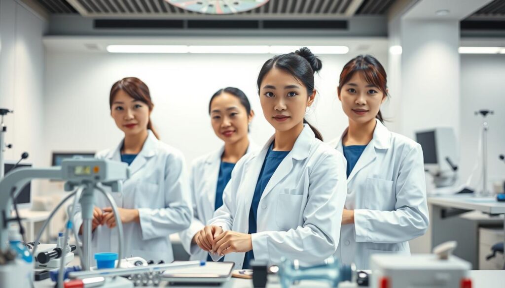 A vibrant, professionally-lit photograph showcasing a trio of young, Japanese-looking co-medical professionals in a modern, well-equipped medical setting. The foreground features the workers, dressed in crisp white coats, focused on their tasks with expressions of concentration. The middle ground highlights various medical instruments and equipment, conveying the technical expertise required. The background depicts a clean, minimalist workspace with subtle lighting, creating a sense of calm professionalism. The overall atmosphere exudes a sense of competence, skill, and the rewarding nature of co-medical careers.