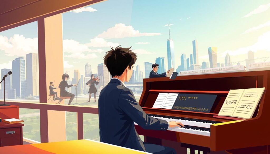 A vibrant, realistic illustration showcasing the typical career progression for an arranger. In the foreground, a young Japanese-looking person sits at a piano, focused on their work. In the middle ground, they are shown advancing through various stages - composing, conducting an orchestra, and overseeing a recording session. In the background, a modern city skyline with skyscrapers and trains represents the professional opportunities available to skilled arrangers. The scene is lit by warm, natural lighting, capturing the dedication and drive required to succeed in this creative field.