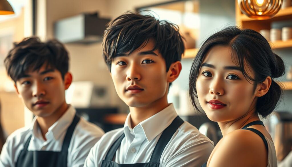 A vibrant, realistic portrait showcasing the ideal barista traits. The scene features three young, Japanese-looking individuals in a cozy coffee shop setting, bathed in warm, natural lighting. The subjects exhibit a serene, focused expression, conveying their passion for the craft. Attention to detail is evident in their grooming and attire, reflecting the precision and care required of a skilled barista. The background blurs subtly, drawing the viewer's gaze to the central figures, who embody the perfect balance of technical expertise and personable service that defines an exceptional barista.
