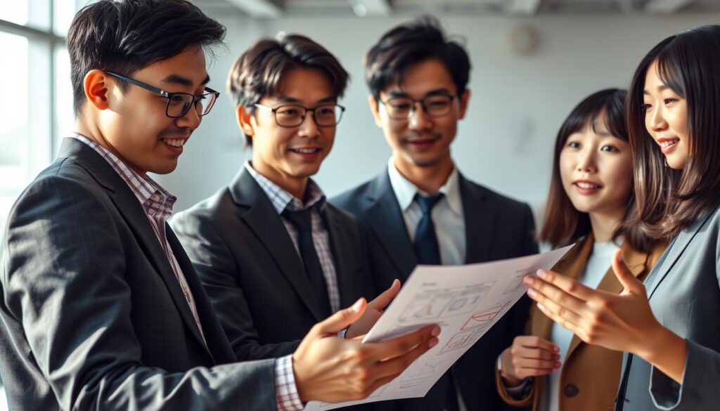A vibrant, realistic scene depicting a group of young, Japanese-looking professionals standing together, exuding an air of competence and confidence. Soft, natural lighting illuminates their faces, highlighting their focused expressions as they discuss technical diagrams and schematics. The foreground showcases their hands gesturing animatedly, while the middle ground showcases their attentive body language and polished business attire. The background blurs into a minimalist office environment, hinting at the collaborative, high-tech nature of their work as system engineers. The overall mood conveys a sense of professionalism, problem-solving, and the essential qualities needed to thrive in this dynamic career.