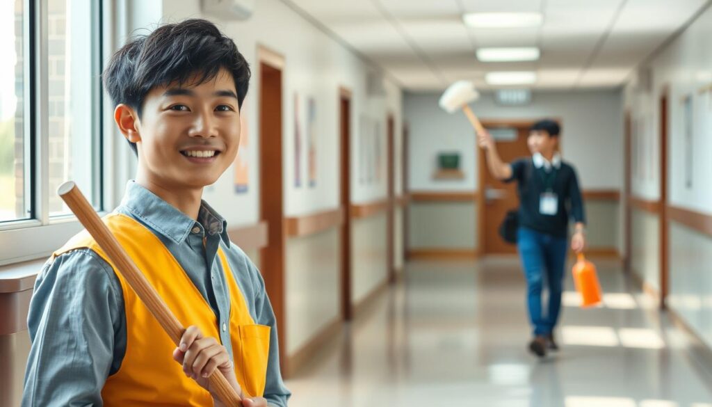 A vibrant, realistic scene depicting the ideal characteristics of a school custodian. In the foreground, a young, neatly dressed Japanese man with a warm, approachable expression stands holding a broom, conveying a sense of diligence and attention to detail. The middle ground shows him dusting a windowsill, his movements graceful and efficient. In the background, the clean, well-organized school hallway suggests his ability to maintain a tidy, orderly environment. Soft, natural lighting illuminates the scene, creating a calming, professional atmosphere. The overall composition highlights the custodian's adaptability, meticulous work ethic, and customer-oriented mindset – qualities that make them well-suited for this important role.
