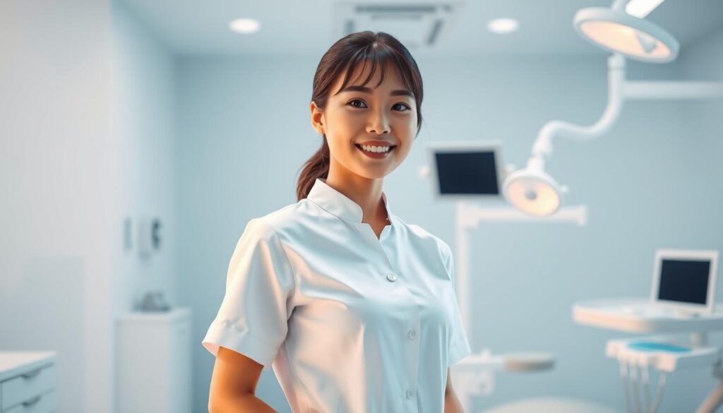 A vibrant, realistically-rendered photograph of a young, Japanese-looking dental hygienist, dressed in a crisp white uniform, standing confidently in a modern dental clinic. Soft, directional lighting from the side casts warm, flattering shadows, highlighting the subject's calm, professional demeanor. The background features blurred, state-of-the-art dental equipment, creating a sense of depth and emphasizing the hygienist's expertise. The image exudes a sense of career success and satisfaction, perfectly capturing the essence of the "コ・デンタル の職業とは？年収や仕事内容と必要なスキルを徹底解説" article's "業界での成功事例と体験談" section.