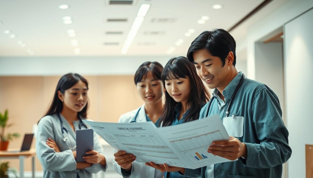 A vibrant scene depicting a modern Japanese healthcare workplace, illuminated by soft, natural lighting. In the foreground, a team of young, attentive healthcare workers, their faces reflecting a mix of professionalism and compassion. They are engaged in discussion, referencing detailed charts and documents, their expressions conveying a deep understanding of the nuanced compensation system they navigate. In the middle ground, a sleek, minimalist office environment with clean lines and a serene atmosphere, subtly hinting at the administrative complexities of the healthcare industry. The background features a muted, warm color palette, creating a sense of tranquility and focus, as the workers diligently explore the intricacies of the caregivers' pay structure.