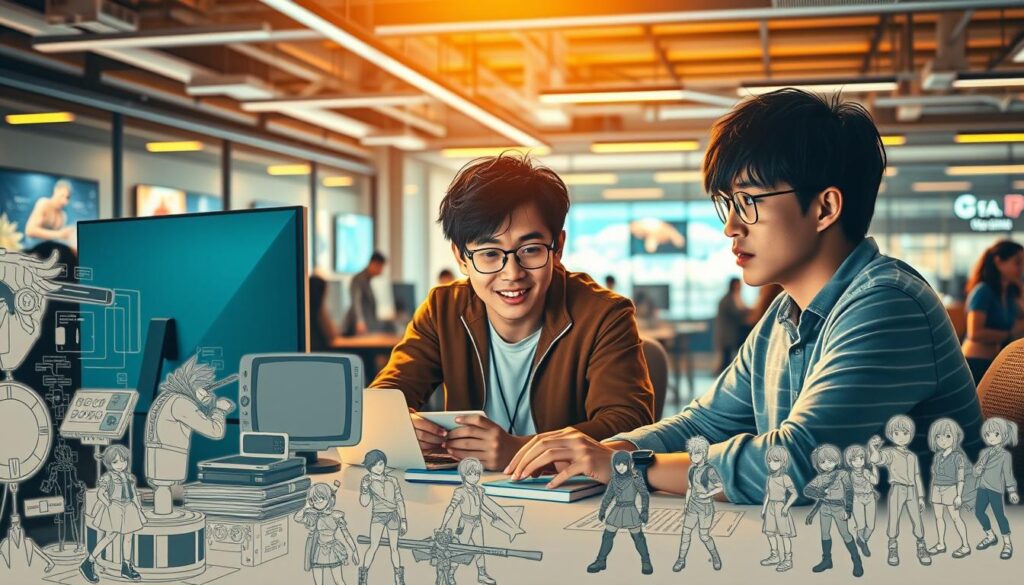 A vibrant scene depicting the pivotal role of game designers in the industry. A trio of young, Japanese-inspired game developers, their faces illuminated by the soft glow of computer screens, huddle around a table, immersed in animated discussion. Intricate, high-tech interfaces and sketches of game characters populate the mid-ground, while the background showcases a bustling open-plan office, filled with the energy and creativity that drives the game development process. Warm, directional lighting casts subtle shadows, adding depth and drama to the composition. The overall atmosphere conveys the significance of the game designer's contribution to the collaborative, innovation-driven world of video game creation.