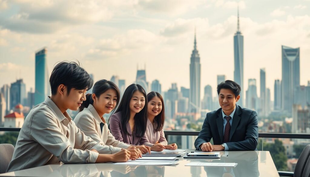 A vibrant scene of a career-focused fundraiser's journey, set against a backdrop of a bustling city skyline. In the foreground, a group of young, ambitious individuals with a Japanese aesthetic, collaborating and strategizing over a conference table, their expressions exuding determination and optimism. The middle ground features a progression of career milestones, from entry-level roles to senior leadership positions, each step illuminated by a warm, natural lighting that casts a sense of growth and opportunity. In the background, the towering cityscape symbolizes the vast potential and expanding horizons of the fundraising profession, a testament to the future success and fulfillment that awaits those who embrace this dynamic career path.