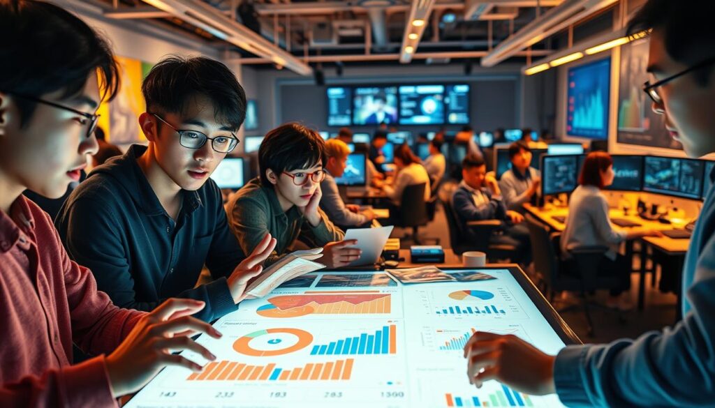 A vibrant scene of a group of game creators, their youthful Japanese features illuminated by warm studio lighting. The foreground showcases three individuals intensely focused on their work, hands gesturing as they discuss data visualizations projected on a sleek, minimalist display. In the middle ground, a larger team collaborates around a central table, deep in thought as they analyze financial reports and income charts. The background hints at the bustling energy of the game studio, with engineers and designers moving between workstations, surrounded by the tools of their craft. The overall atmosphere conveys the passion, dedication, and meticulous attention to detail that defines the world of professional game development.