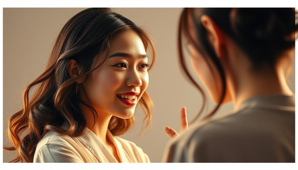 A vibrant scene of a hair and makeup artist deeply engaged in conversation, their expressive face and dynamic gestures conveying the importance of communication skills. Warm studio lighting illuminates the model's youthful, Japanese-inspired features, creating a sense of professionalism and expertise. The background is clean and minimalist, allowing the central interaction to take center stage and showcase the artist's ability to connect with their subject. The mood is one of collaboration, understanding, and the vital role of effective communication in the hair and makeup industry.