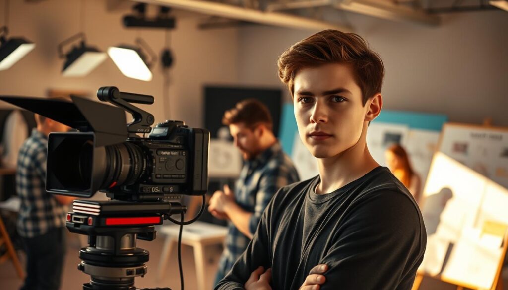 A vibrant scene of a photo director's career path, captured with cinematic precision. In the foreground, a young, focused individual stands at a camera, their gaze intense as they frame the perfect shot. The middle ground reveals a bustling studio, with assistants coordinating lighting and equipment, while in the background, a team reviews storyboards and mood boards, mapping out the creative vision. The lighting is warm and natural, casting a golden glow that enhances the subject's features. The composition is balanced, with clean lines and a sense of dynamic energy, reflecting the discipline and artistry of the photo director's craft. The overall atmosphere conveys the determination and passion required to ascend the ranks of this exciting profession.