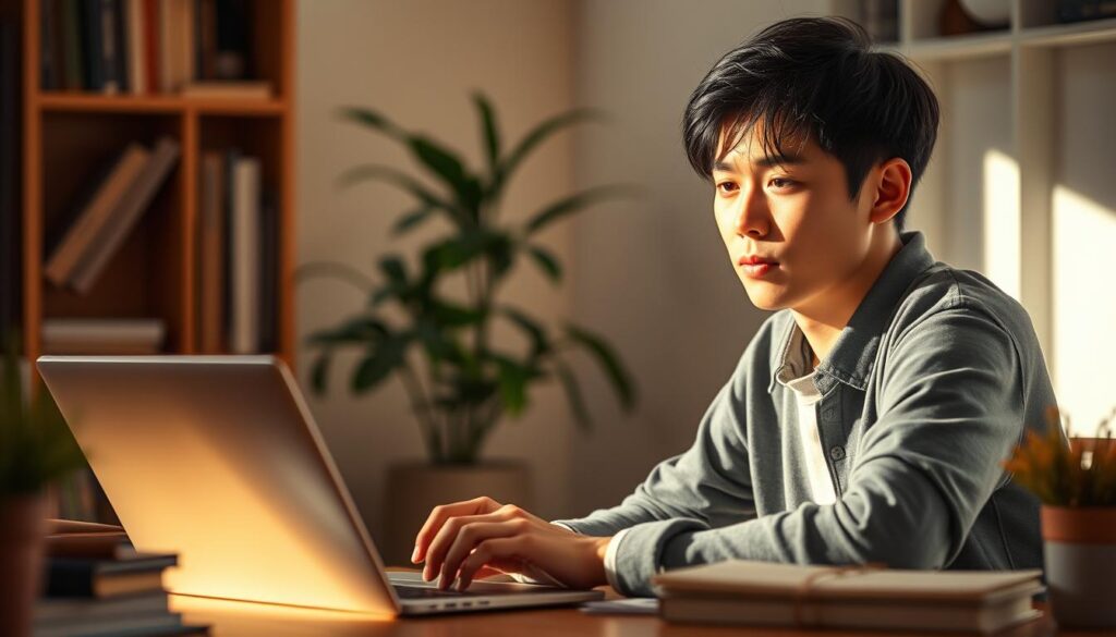 A vibrant scene of a young Japanese freelance writer sitting at a desk, confronting the stresses and challenges of their profession. The lighting is soft and natural, casting a warm glow on the writer's face as they intently focus on their laptop screen. In the background, a partially obscured bookshelf and potted plant add depth and a sense of the writer's workspace. The writer's expression conveys a mix of determination and weariness, reflecting the delicate balance they must maintain between creative inspiration and the practical demands of their work. The overall atmosphere is one of quiet contemplation, underscoring the thoughtful, introspective nature of the freelance writing experience.