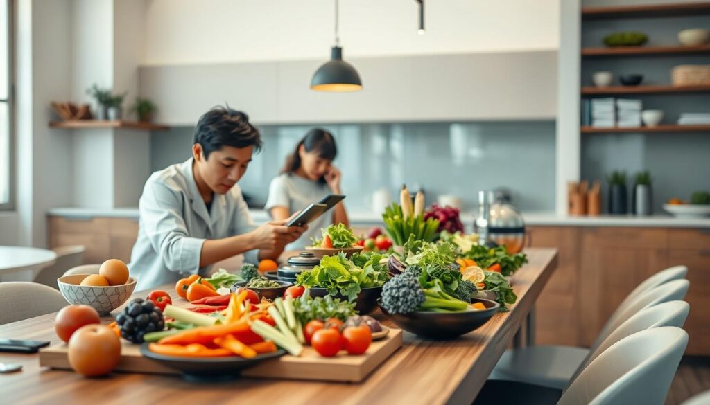 A vibrant scene of a young, Japanese-looking freelance food coordinator's career path. In the foreground, a focused individual meticulously arranging an artful display of fresh, colorful ingredients on a sleek, wooden table, capturing the essence of their culinary expertise. In the middle ground, they consult digital devices, collaborating with clients and planning innovative menu concepts. The background showcases a contemporary, minimalist kitchen setting, filled with natural light and a sense of professional dedication. The overall mood is one of quiet concentration, creative passion, and the dynamic lifestyle of a self-employed food industry professional.