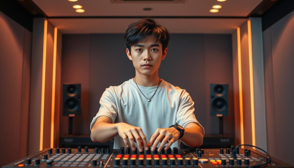 A vibrant scene of a young, ambitious Japanese recruit eager to join the dynamic world of track music production. Set against a sleek, modern studio backdrop, the model stands with a determined expression, hands poised over cutting-edge music hardware, ready to craft the next hit track. Warm, directional lighting highlights the focus and intensity in their eyes, while the minimalist, high-tech environment suggests the innovative, forward-thinking nature of the profession. The overall mood is one of youthful energy, technological savvy, and the promise of a rewarding career in the music industry.