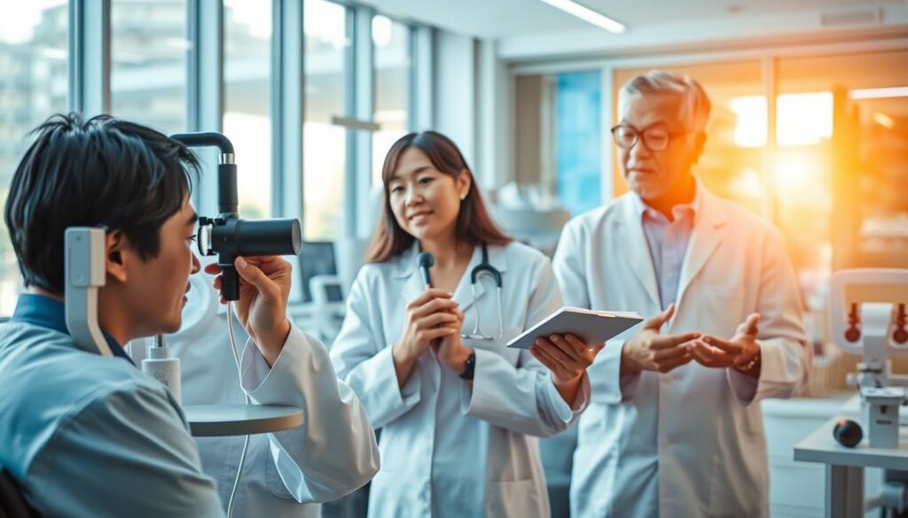 A vibrant scene of an optometrist's career progression. In the foreground, a young Japanese-looking person wearing a crisp white lab coat examines a patient's eyes with a modern ophthalmological instrument, their expression focused and professional. In the middle ground, the same person is engaged in a thoughtful discussion with a senior colleague, gesturing animatedly as they share insights. The background depicts a well-equipped optometry clinic, with state-of-the-art equipment and a serene, calming atmosphere. Warm, natural lighting filters through large windows, creating a sense of growth and opportunity. The overall mood conveys the rewarding and dynamic nature of an optometrist's career path.