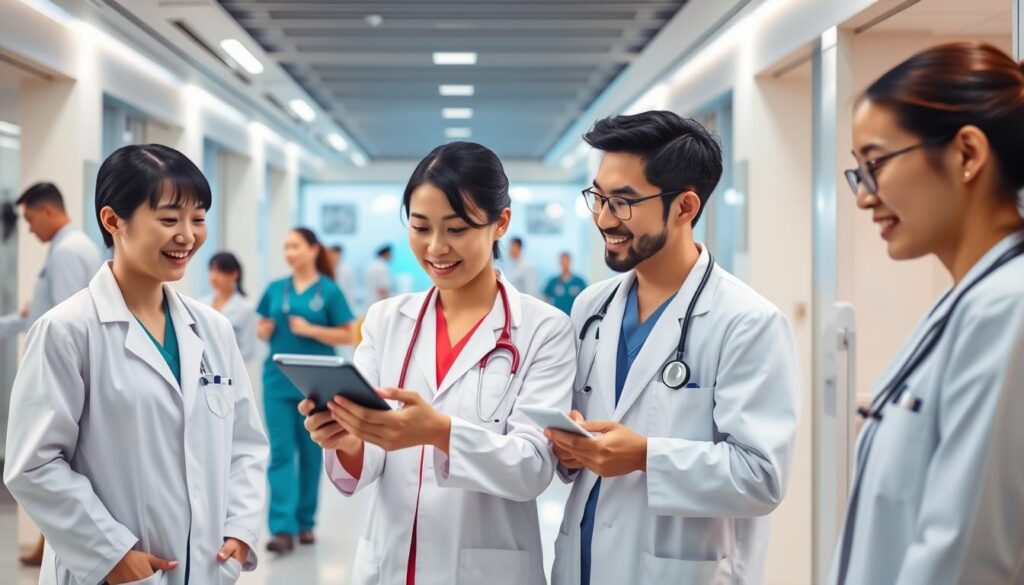 A vibrant scene of medical professionals collaborating in a modern hospital setting. In the foreground, a group of young, Japanese-looking individuals in white coats and scrubs intently discuss patient data on a digital display. Their expressions are focused, yet warm, reflecting the shared purpose of providing high-quality care. In the middle ground, other team members - nurses, therapists, and technicians - move with purpose, coordinating their efforts to ensure a seamless patient experience. The background is bathed in soft, directional lighting, conveying a sense of professionalism and efficiency. The overall atmosphere is one of teamwork, mutual respect, and a shared dedication to the well-being of those they serve.