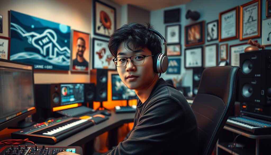 A vibrant studio setting featuring a young, Japanese-looking sound creator deeply immersed in their craft. The foreground showcases a skilled individual surrounded by an array of high-tech audio equipment, headphones, and a sleek, modern computer setup. The middle ground depicts a creative atmosphere with inspirational artwork, acoustic panels, and various sound-related paraphernalia. The background subtly hints at the sound creator's journey, with certificates, awards, and framed industry accolades adorning the walls, conveying a sense of growth and professional achievement. Warm, focused lighting illuminates the scene, creating a sense of focus and dedication.