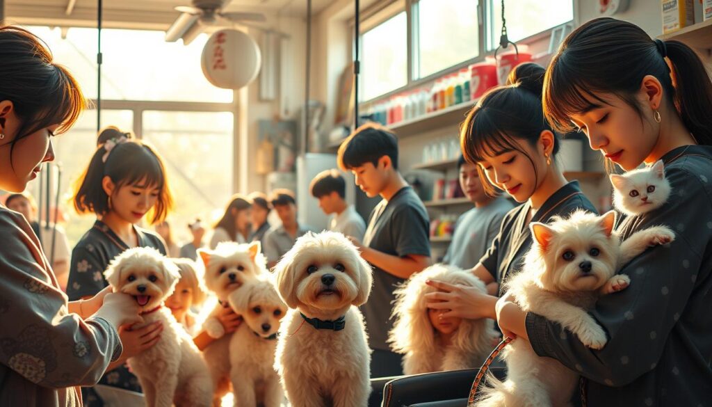 A vibrant, sun-drenched scene of a bustling grooming salon, where young Japanese-inspired stylists tend to the needs of their furry companions. The foreground showcases a team of skilled trimmers, their deft hands expertly shaping the coats of adorable pooches and kittens, their expressions radiating a sense of pride and passion for their work. In the middle ground, customers eagerly await their turn, marveling at the transformations unfolding before them. The background is alive with the energy of a thriving industry, hinting at the boundless potential for growth and innovation that lies ahead. Warm lighting filters through the windows, casting a hopeful glow over the scene and suggesting a bright future for the art of pet grooming.