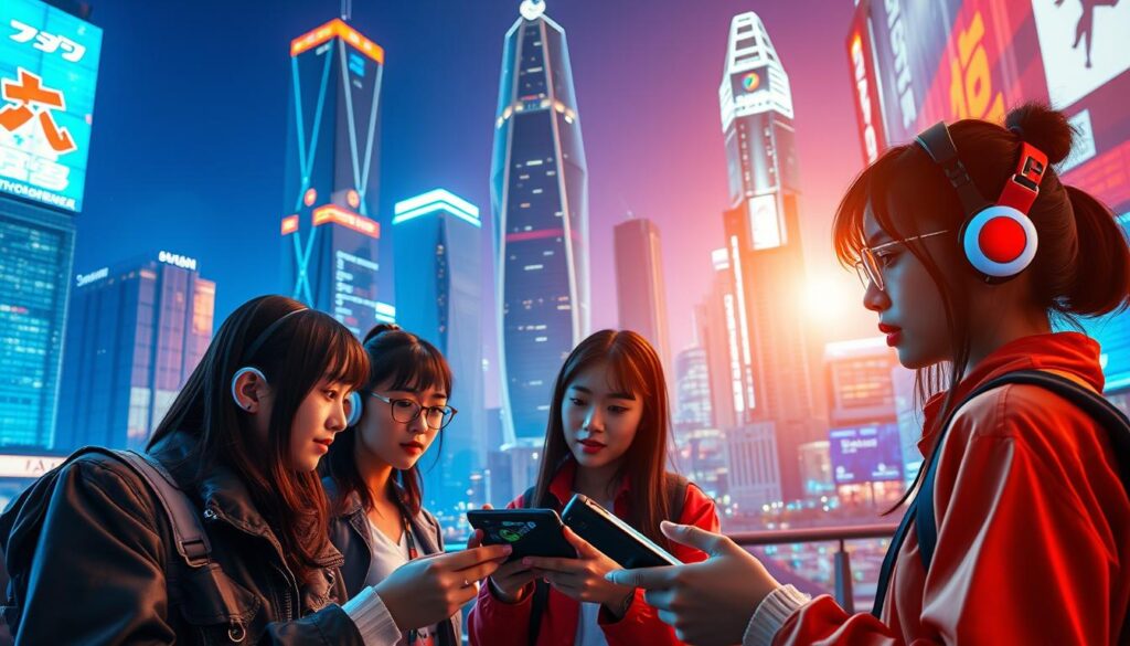 A vibrant, technologically-advanced cityscape unfolds, showcasing the dynamic interplay of digital innovation and human talent. In the foreground, a group of young, tech-savvy individuals, their faces reflecting the Japanese aesthetic, engage with sleek, futuristic devices, emblematic of the cutting-edge digital skills that drive progress. The middle ground features a panoramic view of towering skyscrapers, their gleaming facades reflecting the sun's rays, symbolizing the rapid technological advancements transforming the urban landscape. In the background, a vibrant, neon-lit atmosphere sets the tone, evoking a sense of energy, dynamism, and the endless possibilities that arise from embracing digital transformation.