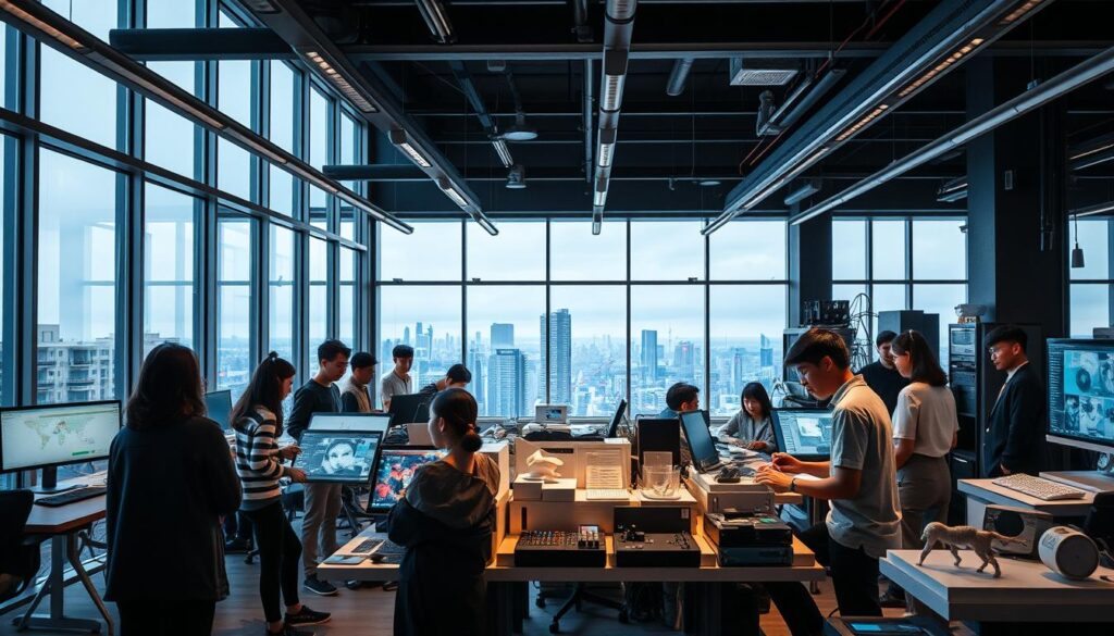 A vibrant, technologically-advanced design studio filled with young, innovative Japanese designers. In the foreground, a team of creatives collaborate on sleek, cutting-edge digital interfaces, using the latest design software and hardware. The middle ground showcases an array of futuristic prototypes and 3D-printed models, reflecting the rapid pace of design innovation. In the background, large windows provide a panoramic view of a dynamic urban skyline, symbolizing the evolving design landscape. Soft, diffused lighting creates a warm, collaborative atmosphere, as the designers harness their creativity to push the boundaries of design technology.