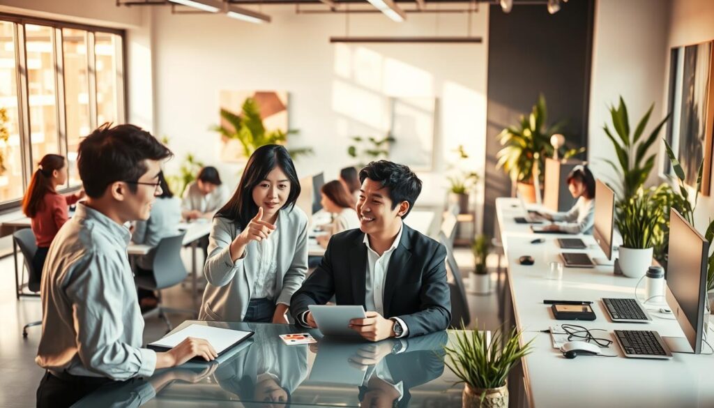 A vibrant workspace buzzing with energy, where a team of young, Japanese-looking space information consultants collaborate intently. Warm, natural lighting filters through large windows, casting a soft glow over the modern, minimalist office. In the foreground, a consultant gestures animatedly, discussing plans with colleagues gathered around a sleek, glass-topped table. The middle ground features multiple workstations, each occupied by a focused individual, their fingers tapping away at keyboards. In the background, potted plants and abstract art adorn the walls, creating a calming yet productive atmosphere. The overall scene conveys a harmonious work-life balance, where innovation and well-being coexist seamlessly.