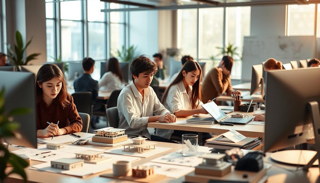 A vibrant workspace filled with a team of young, Japanese-inspired designers, their focused expressions illuminated by the soft, natural light filtering through the large windows. Meticulously crafted 3D models and design sketches scattered across the modern, minimalist desks, showcasing their creative process. In the background, a sleek, state-of-the-art computer setup and a large, high-resolution display monitor, reflecting the advanced technological tools they employ. The atmosphere is one of intense concentration and passion, capturing the essence of the space designer's profession and the dedication required to excel in this field.