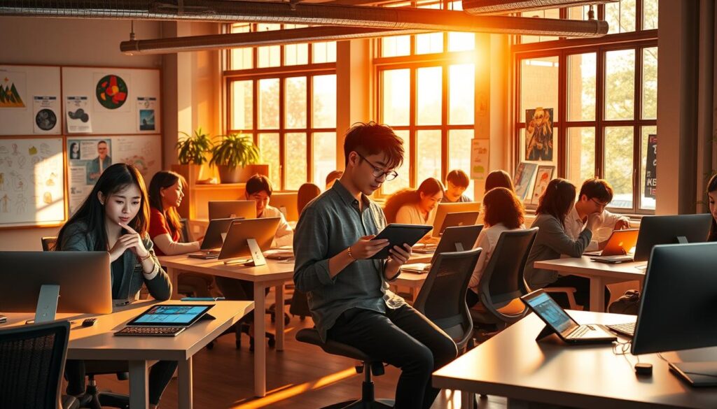 A vibrant workspace filled with young Japanese-looking freelance concept artists, their fingers dancing across tablets as they bring imaginative ideas to life. Warm natural light cascades through large windows, illuminating the focused expressions and collaborative energy of the room. Sleek desks and ergonomic chairs provide the perfect canvas for their creative process, while whiteboards and mood boards brim with sketches and color palettes. A sense of productivity and fulfillment permeates the space, capturing the dynamic nature of a freelance conceptor's workday.