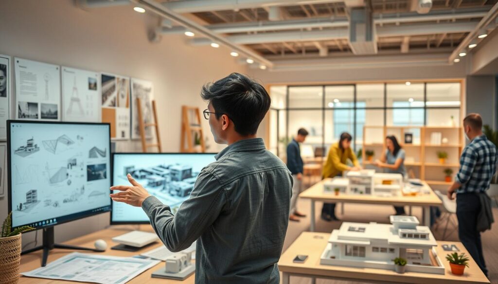 A vibrant workspace showcasing the career progression of a young, Japanese-looking spatial designer. In the foreground, an enthusiastic designer presents design concepts on a touchscreen display, surrounded by mood boards, sketches, and 3D models. The middle ground features a team collaborating on a large architectural model, each member contributing their expertise. In the background, a panoramic view of a modern office with clean lines, natural lighting, and minimalist decor, reflecting the designer's aesthetic sensibilities. The atmosphere exudes creativity, innovation, and the thrill of bringing visionary ideas to life. Soft, warm lighting and a crisp, professional tone set the mood.
