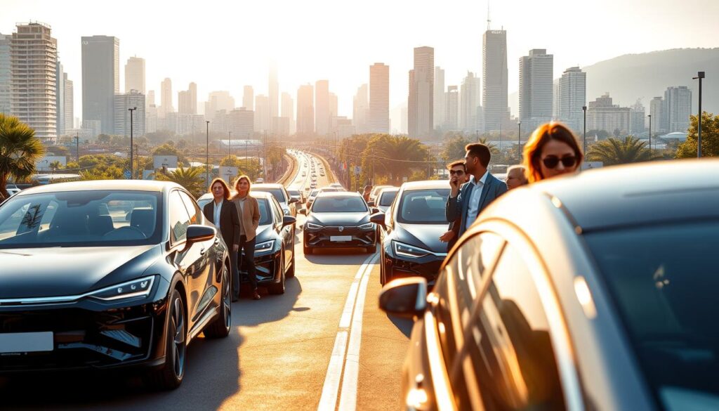 A vision of the future automotive industry, where sleek electric vehicles glide through bustling cityscapes bathed in warm, natural light. In the foreground, a diverse group of young professionals, their faces reflecting a sense of purpose and optimism, collaborate on the latest advancements in sustainable mobility. The middle ground showcases cutting-edge technology, including autonomous driving features and advanced manufacturing processes. In the background, a cityscape of towering skyscrapers and lush greenery hints at a future where transportation and urban living are seamlessly integrated, promoting a more eco-friendly and efficient way of life. The overall atmosphere conveys a sense of progress, innovation, and a shared commitment to shaping the future of the automotive industry.