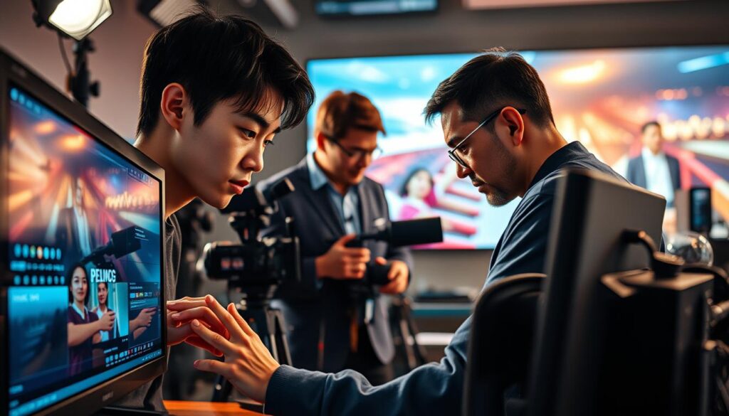 A visually captivating and meticulously composed image showcasing the dynamic work of a skilled video director. In the foreground, a young Japanese man with a focused gaze peers intently at a high-resolution video monitor, his fingers deftly manipulating the advanced video editing software before him. Surrounding him, an array of professional-grade cameras, lighting equipment, and audio gear create a sense of a well-equipped production studio. In the middle ground, a second director consults with the first, their heads bent together in deep discussion as they refine the visual narrative. The background features a large video wall displaying a vibrant, cinematic scene, hinting at the director's creative vision and the final product they are shaping. Soft, directional lighting illuminates the scene, casting dramatic shadows and highlighting the intensity of their collaborative work.