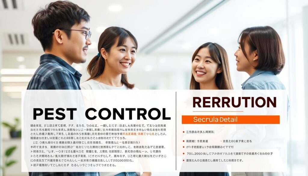 A visually engaging recruitment poster for pest control professionals, featuring a group of young, Japanese-looking individuals in a clean, well-lit office setting. The foreground showcases three applicants - a man and two women - engaged in a collaborative discussion, their expressions conveying enthusiasm and professionalism. The middle ground highlights relevant job details and requirements, presented in a clear, organized manner. The background subtly hints at the broader context of the pest control industry, with subtle visual cues alluding to the importance of safety, technology, and environmental awareness. The overall mood is one of modern, dynamic, and inviting workplace culture, designed to captivate and inspire potential candidates.