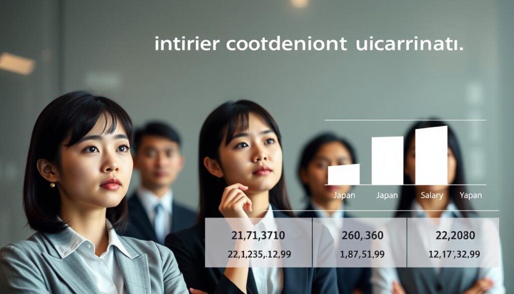 A visually striking comparison of regional interior coordinator salaries across Japan, showcasing a diverse group of young, Japanese-looking professionals in a realistic photographic style. The foreground features three mid-shots of coordinators in thoughtful poses, dressed in formal attire. The middle ground displays a clean, minimalist infographic visualizing the salary data, with a subtle gradient background. The background blends seamlessly, creating a sleek, modern atmosphere that complements the subject matter. Careful attention to lighting, depth of field, and camera angles results in a polished, high-quality image that effectively conveys the key information.
