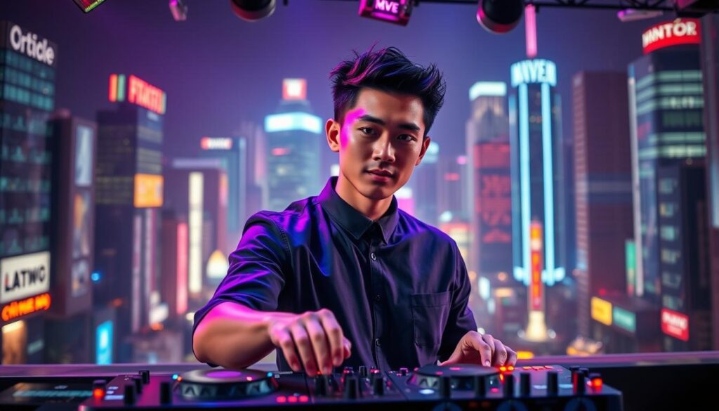 A visually striking scene depicting the career growth of a video jockey. In the foreground, a charismatic young Japanese man, with a sleek, modern appearance, stands behind a professional-grade DJ booth, his hands skillfully manipulating the controls. Bathed in vibrant, colorful lighting, he exudes a confident, dynamic energy. In the middle ground, the background is filled with a bustling, futuristic cityscape, hinting at the vibrant nightlife and entertainment industry he operates within. The lighting is dramatic, with neon signs and illuminated skyscrapers creating a sense of excitement and possibility. The overall mood is one of ambition, talent, and the thrill of a successful career as a video jockey.