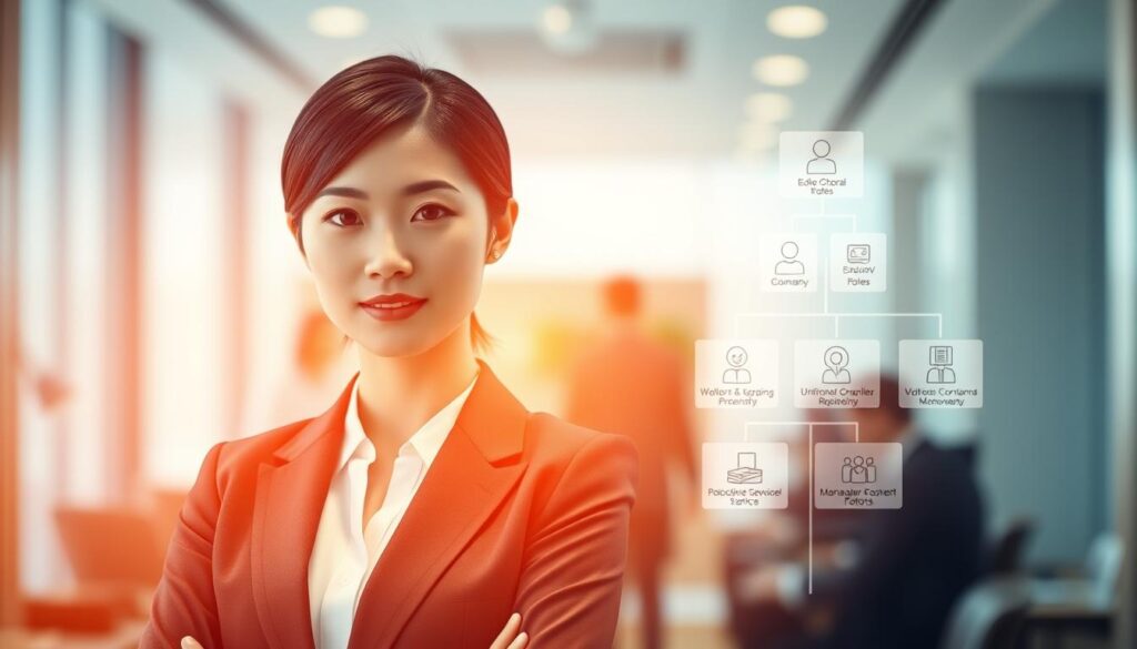A visually striking scene depicting the career progression of a concierge. In the foreground, a young, sharp-featured Japanese woman in a crisp, formal suit stands confidently, exuding professionalism. Behind her, a tiered organizational chart emerges, with icons representing the various roles and responsibilities along the concierge career path - from entry-level service roles to management positions. The background is a softly blurred office environment, suggesting a sophisticated, corporate setting. Warm, diffused lighting casts a subtle glow, creating a sense of aspiration and advancement. The overall composition conveys the dynamic, multi-faceted nature of a concierge's career journey.